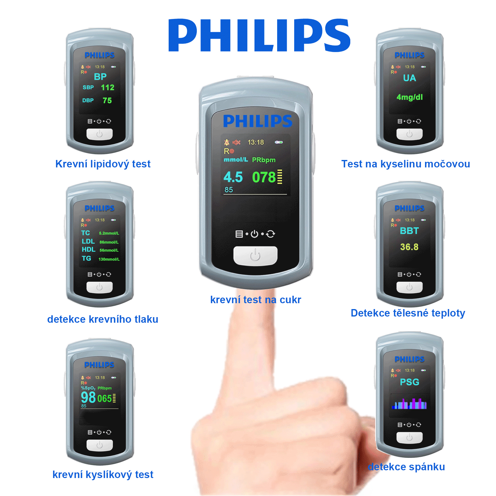 Medidor multifuncional de glicemia Philips, glicemia não invasiva (99% de precisão%), tratamento a laser (reduz a concentração de glicose no sangue, reduz os coágulos sanguíneos, reduz os lípidos no sangue), deteção do sono, deteção de lípidos no sangue, detecção de pressão arterial, detecção de ácido úrico, detecção de temperatura corporal, função de alarme por voz (suporta o idioma de Portugal), função de temporização