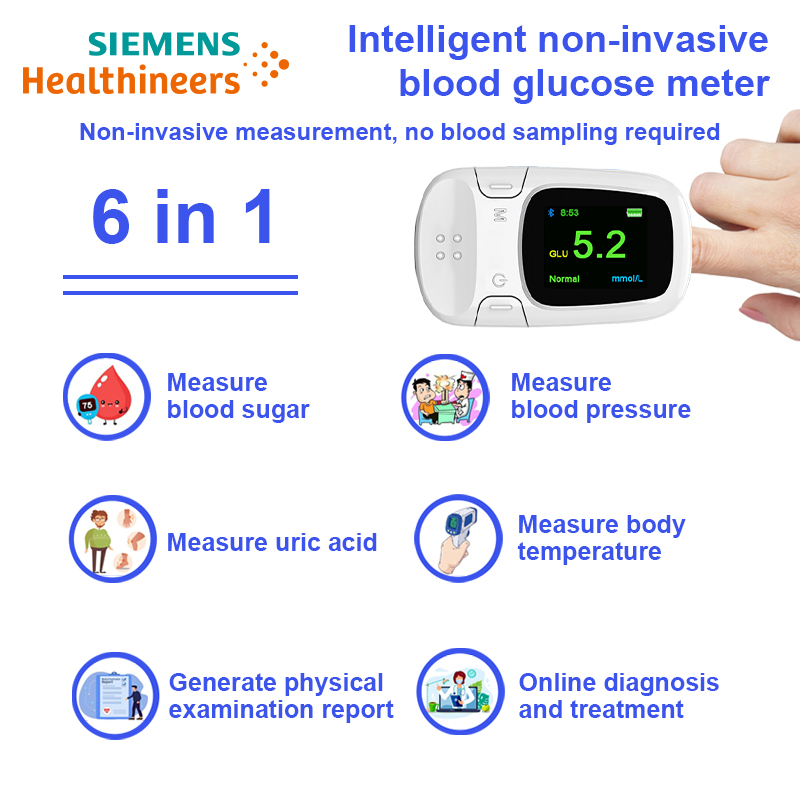 Siemens【6 em 1】Medidor inteligente de glicemia não invasivo【medição não invasiva do açúcar no sangue + medição da pressão arterial + medição do ácido úrico + medição da temperatura corporal + geração de relatório de exame físico + diagnóstico e tratamento online】